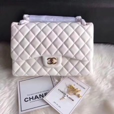 Chanel Jumbo Classic Flap Bag in White Lambskin with golden hardware