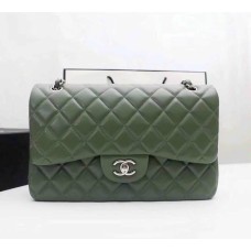 Chanel Jumbo Classic Flap Bag in Green Lambskin with silver hardware