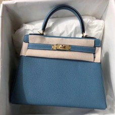 Hermes Kelly 28cm in Togo Leather Golden Hardware H5528G-bleu-jean
