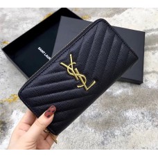 Saint Laurent Cassandre Matelasse Zip Around Wallet In Grain De Poudre Embossed Leather YW358094-A-black