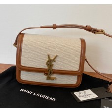 Saint Laurent Solferino Small Satchel In Linen And Box Leather YSL634306C-white-brown